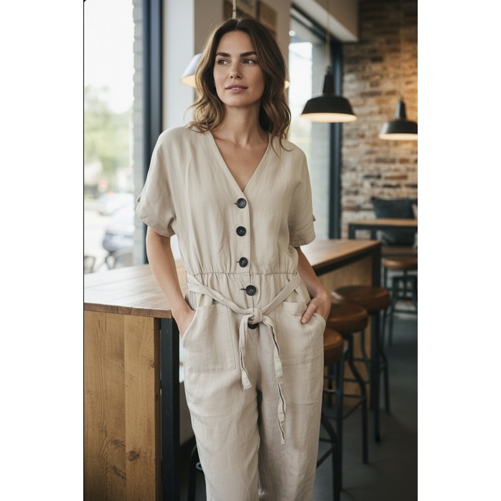 Zara Basic Linen Cotton Blend Jumpsuit Romper Safari Belted Beige Pant Suit XS